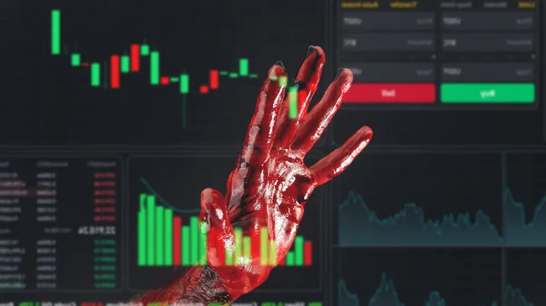 Close Mans Palm Covered Blood Financial Crime Stock Charts Virtual — Stock Photo, Image