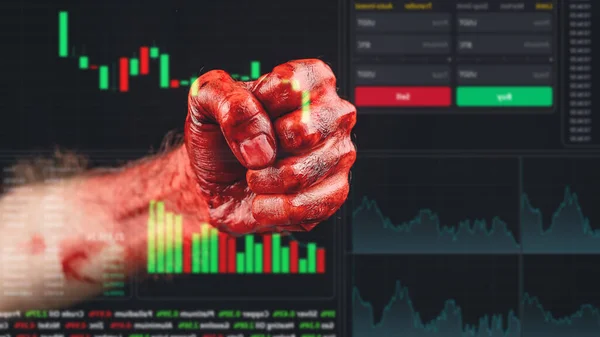 Close Mans Fist Covered Blood Financial Crime Stock Charts Virtual — Stok fotoğraf