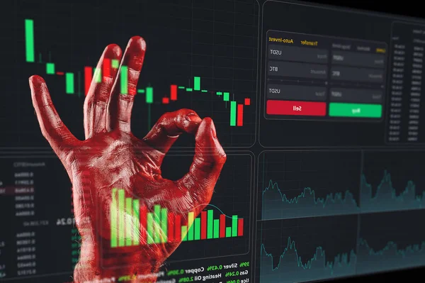 Detailní Záběr Mužské Ruky Nápisem Pokrytý Krví Finanční Zločin Akciové — Stock fotografie