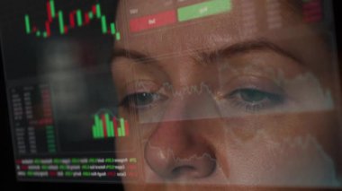 Close-up of female eyes looking at the HUD menu. Stock charts. Broker terminal