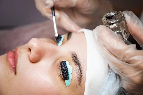 stock image Close-up portrait of a woman on eyelash lamination procedure. The master applies tint to the eyelashes