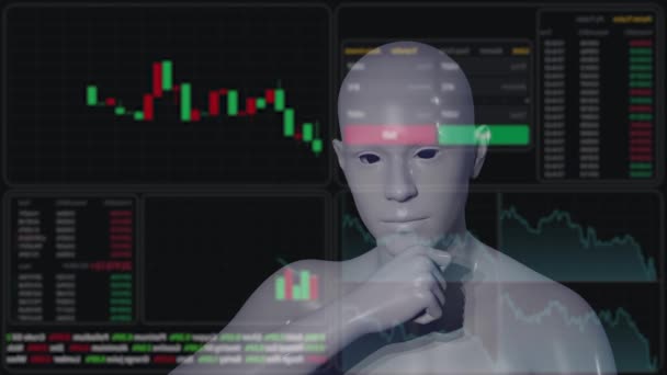 Renderização Robô Branco Estudando Gráficos Ações Uma Tela Virtual — Vídeo de Stock