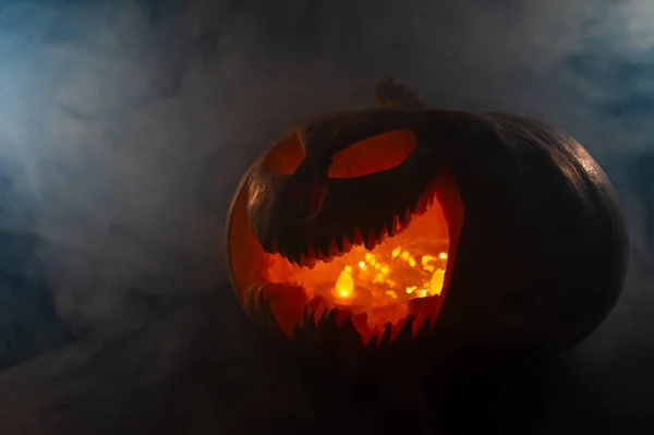 Creepy Pumpkin Carved Grimace Smoke Jack Lantern Dark — Stock Photo, Image