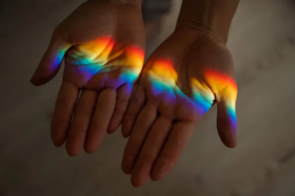Rainbow Ray Womans Hand — Stock Photo, Image