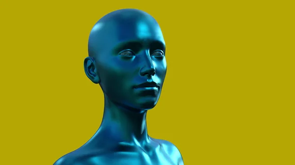 3Dイラスト 黄色の背景に青いハゲの女性の肖像画 — ストック写真