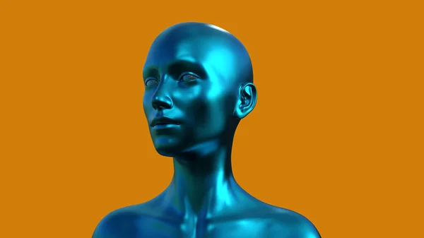 Illustration Porträtt Blå Skallig Kvinna Orange Bakgrund — Stockfoto