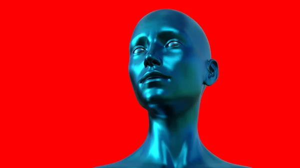 Ilustracja Portret Niebieskiej Łysej Kobiety Czerwonym Tle — Zdjęcie stockowe
