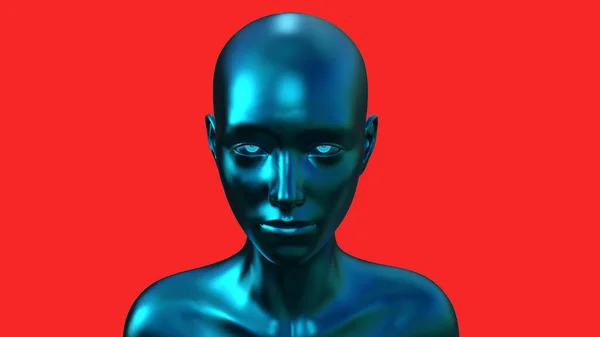 Ilustração Retrato Uma Mulher Careca Azul Fundo Vermelho — Fotografia de Stock