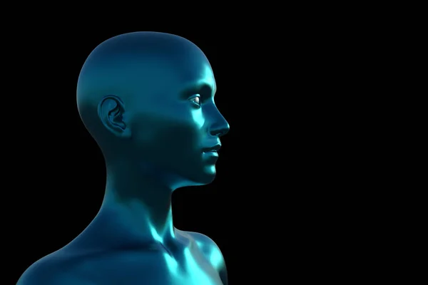 3D例证 一个黑色背景的蓝色秃头女人的画像 — 图库照片