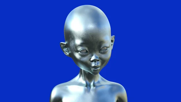 3Dイラスト 青い背景に銀のはげエイリアンヒューマノイド — ストック写真