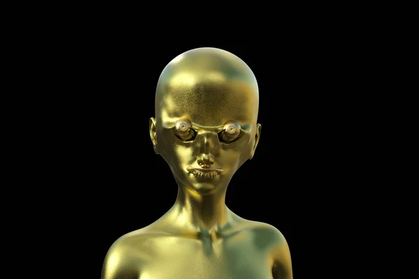 黒の背景に金色のはげエイリアンヒューマノイド 3Dイラスト — ストック写真