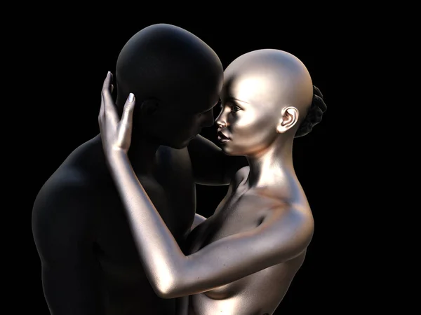 Ilustrace Holohlavý Pár Objímající Černošky Muž Stříbrná Žena Černém Pozadí — Stock fotografie