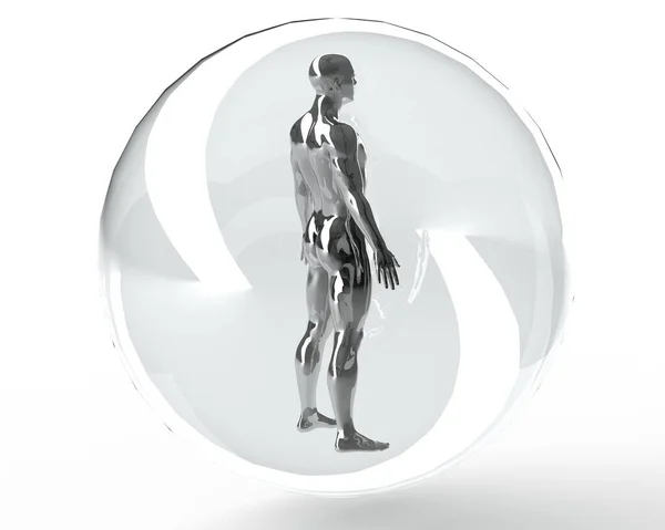 白色背景上的男性银色身体的3D图像 安全泡沫中的金属人体模型 — 图库照片