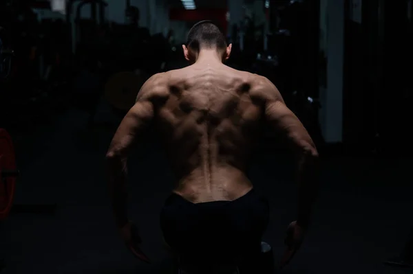 Back View Shirtless Man Sculpted Body Gym — Stock Fotó