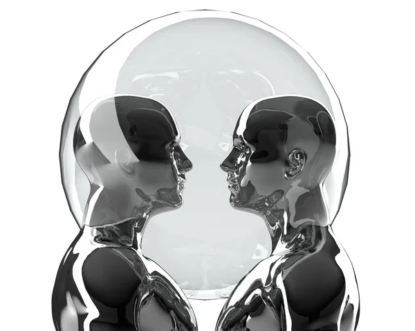 stock image 3D illustration. Pair of metal mannequins in a security bubble on a white background