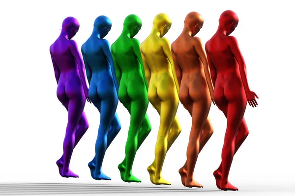 3D例证 一排五颜六色的裸体女人背对着站着 云宝金属 — 图库照片