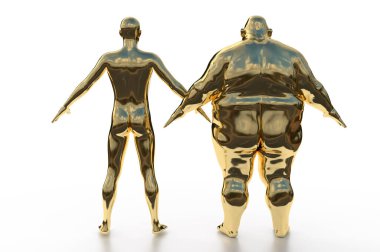 3 boyutlu görüntüleme. Altın gibi atletik ve obez erkekler, beyaz bir arka planda sırtüstü dururlar.