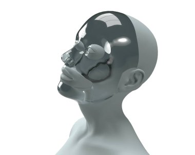 Beyaz arka planda gümüş rengi kel bir kadının 3 boyutlu portresi.