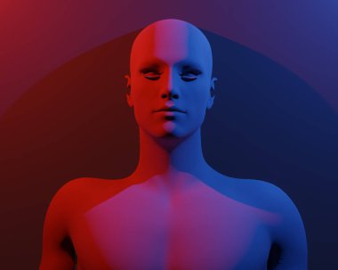 3D rendering of a portrait of a red matte bald woman on a white background
