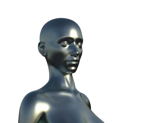3D图片 一个白色背景的女性秃头银头 金属人体模型 — 图库照片