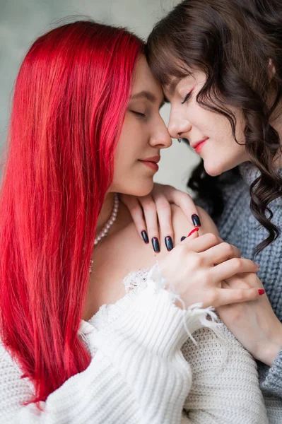 两个穿着毛衣的温柔拥抱的女人的画像 同性恋亲密关系 — 图库照片