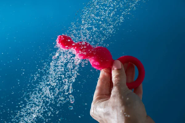 Woman Holding Pink Anal Beads Running Water Blue Background Sex — Stock Photo, Image