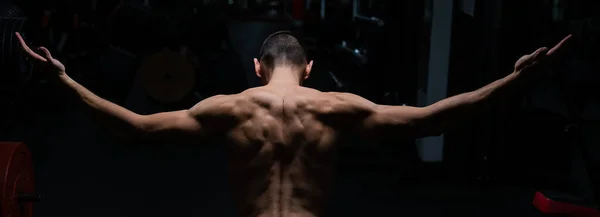Back View Shirtless Man Sculpted Body Gym — Zdjęcie stockowe
