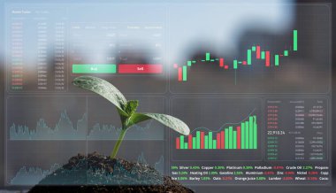 Kabak filizinin üstüne HUD menüsü. Borsa tabloları. Komisyon terminali