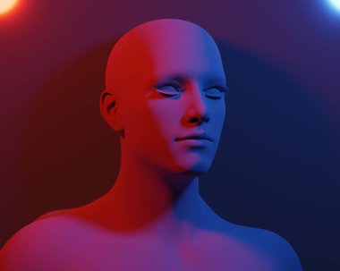 3D rendering of a portrait of a red matte bald woman on a white background