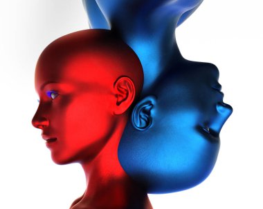 3 boyutlu görüntüleme. Beyaz arka planda bir erkek mavi kafa ve kırmızı bir kadının birleşmesi.