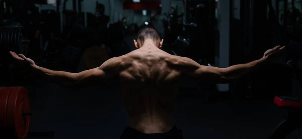 Back View Shirtless Man Sculpted Body Gym — Foto de Stock