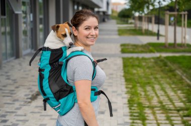 Beyaz bir kadın özel bir sırt çantasıyla köpek Jack Russell Terrier ile dışarı çıkıyor.
