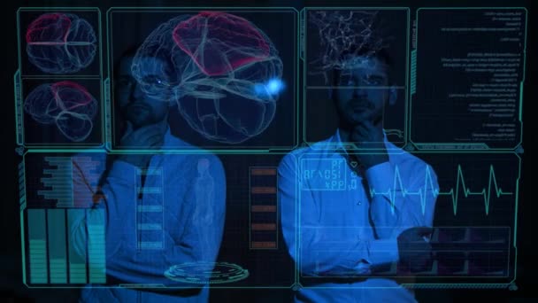 Two Caucasian Bearded Men Discussing Medical Screen Virtual Menu Human — Stock Video