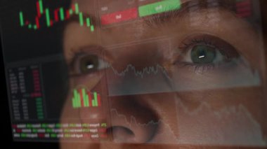 Close-up of female eyes looking at the HUD menu. Stock charts. Broker terminal