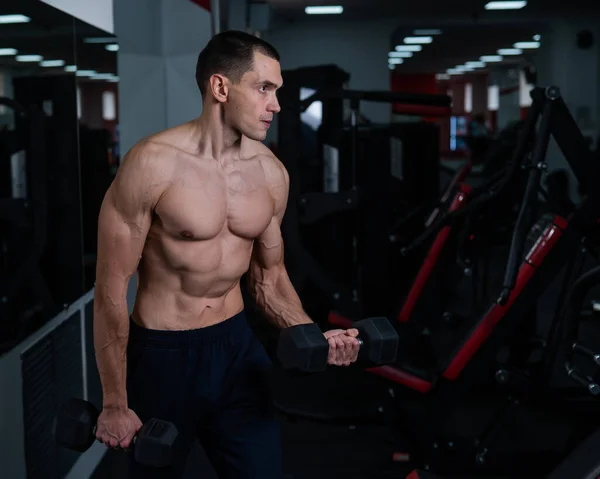 Shirtless Man Doing Bicep Exercises Dumbbells Gym —  Fotos de Stock