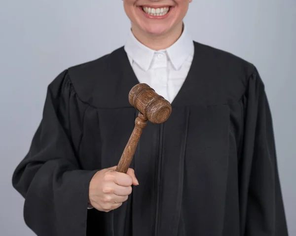 Smiling Female Judge Robe Holding Judges Gavel — Stock Photo, Image