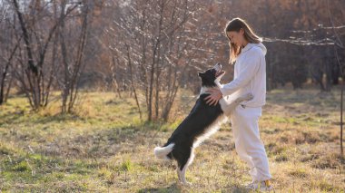 Beyaz kadın sonbahar parkında bankta otururken köpeğine sarılıyor.