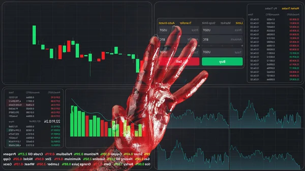 Közelkép Egy Véres Tenyérről Pénzügyi Bűnözés Készletdiagramok Virtuális Képernyőn — Stock Fotó