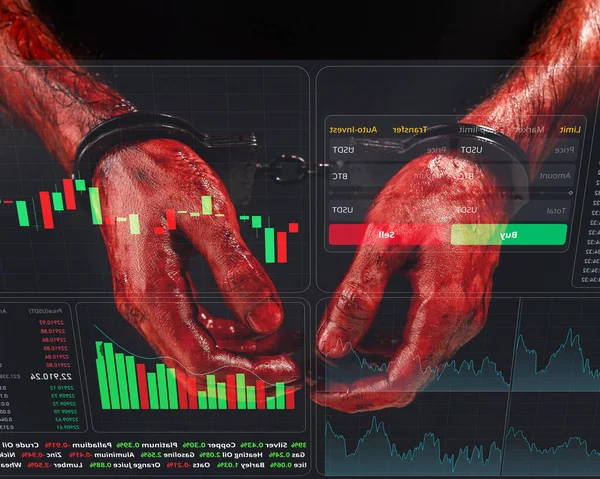 Άντρας Ματωμένα Χέρια Χειροπέδες Οικονομικό Έγκλημα Διάγραμμα Αποθεμάτων Εικονική Οθόνη — Φωτογραφία Αρχείου