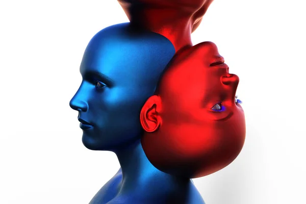 Render Fusión Una Cabeza Azul Masculina Una Cabeza Roja Femenina —  Fotos de Stock