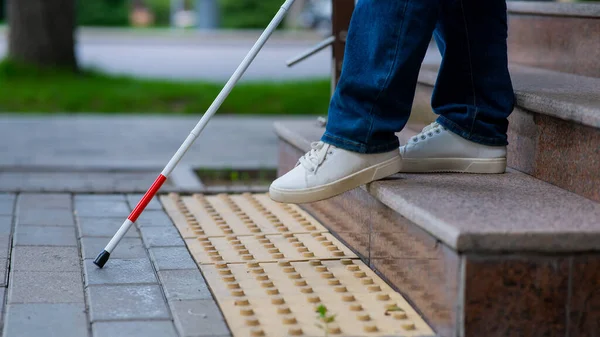 Close Female Foot Walking Stick Tactile Tiles Blind Woman Walking — Stock Photo, Image
