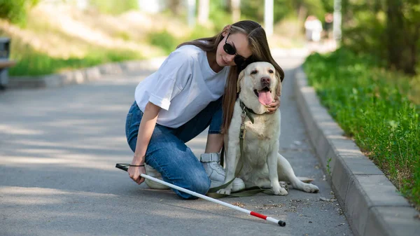 Τυφλή Νεαρή Γυναίκα Αγκαλιάζει Σκύλο Οδηγό Μια Βόλτα Στην Ύπαιθρο — Φωτογραφία Αρχείου