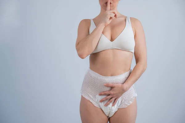 Woman Wearing Adult Diapers Urinary Incontinence Problem Finger Lips Silent — Foto de Stock
