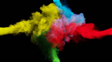 Çok renkli duman kümeleri siyah arka planda dört taraftan çarpışıyor. 3d illüstrasyon