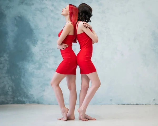 Dlouhý Portrét Dvou Žen Oblečených Identických Červených Šatech Stojících Zády — Stock fotografie