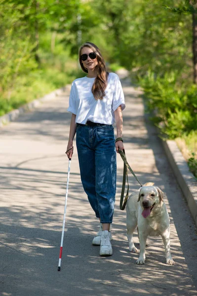 Blind Kvinna Går Med Ledarhund Parken — Stockfoto