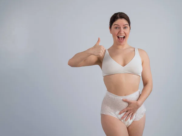 Woman Adult Diapers Smiling Showing Thumbs Urinary Incontinence Problem — Stock Fotó