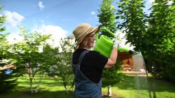 Video 360 Gradi Una Donna Anziana Sta Innaffiando Giardino Con — Video Stock