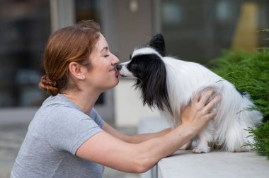 Kafkas kızıl saçlı kadın dışarıda pappilion köpeğini öpüyor. Siyah ve beyaz kıtasal spanyel.