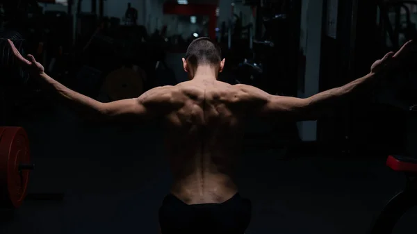Back View Shirtless Man Sculpted Body Gym — Stockfoto